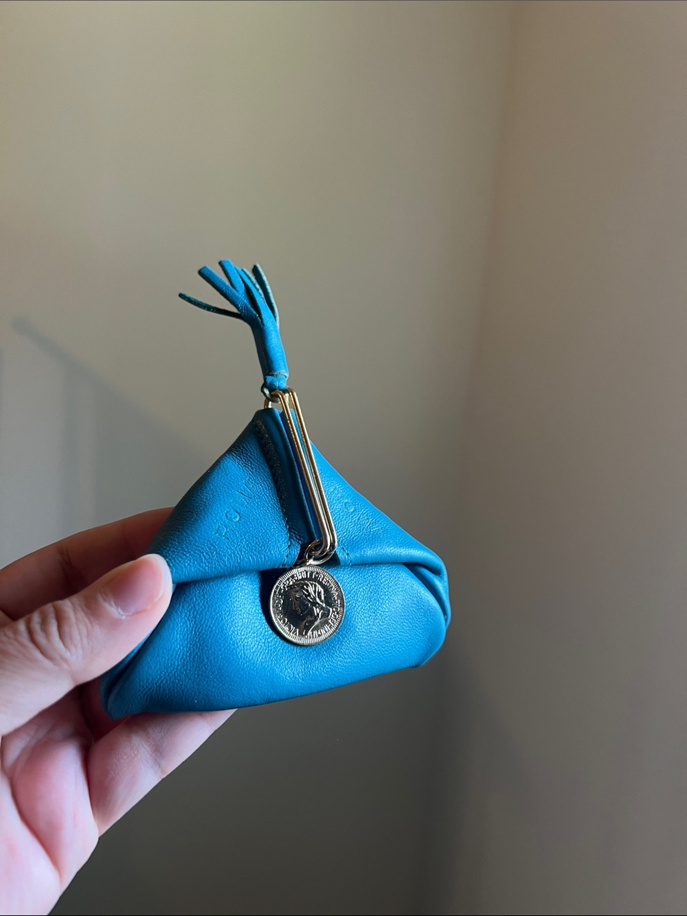 1970s Italian Handmade Leather Triangle Coin Purse Turquoise Roma Vintage EUC
